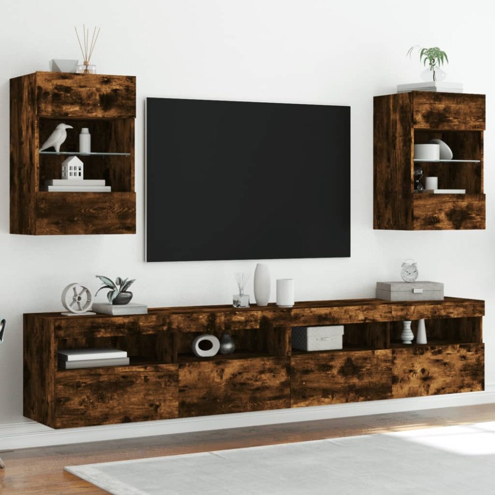 vidaXL Nástenné skrinky s LED osvetlením pre TV 2 st rökfärgad ek 40x30x60,5 cm