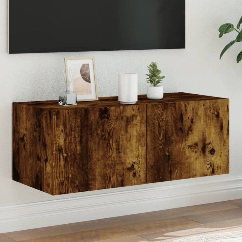 vidaXL Väggmonterad tv-bänk LED rökfärgad ek 80x35x31 cm