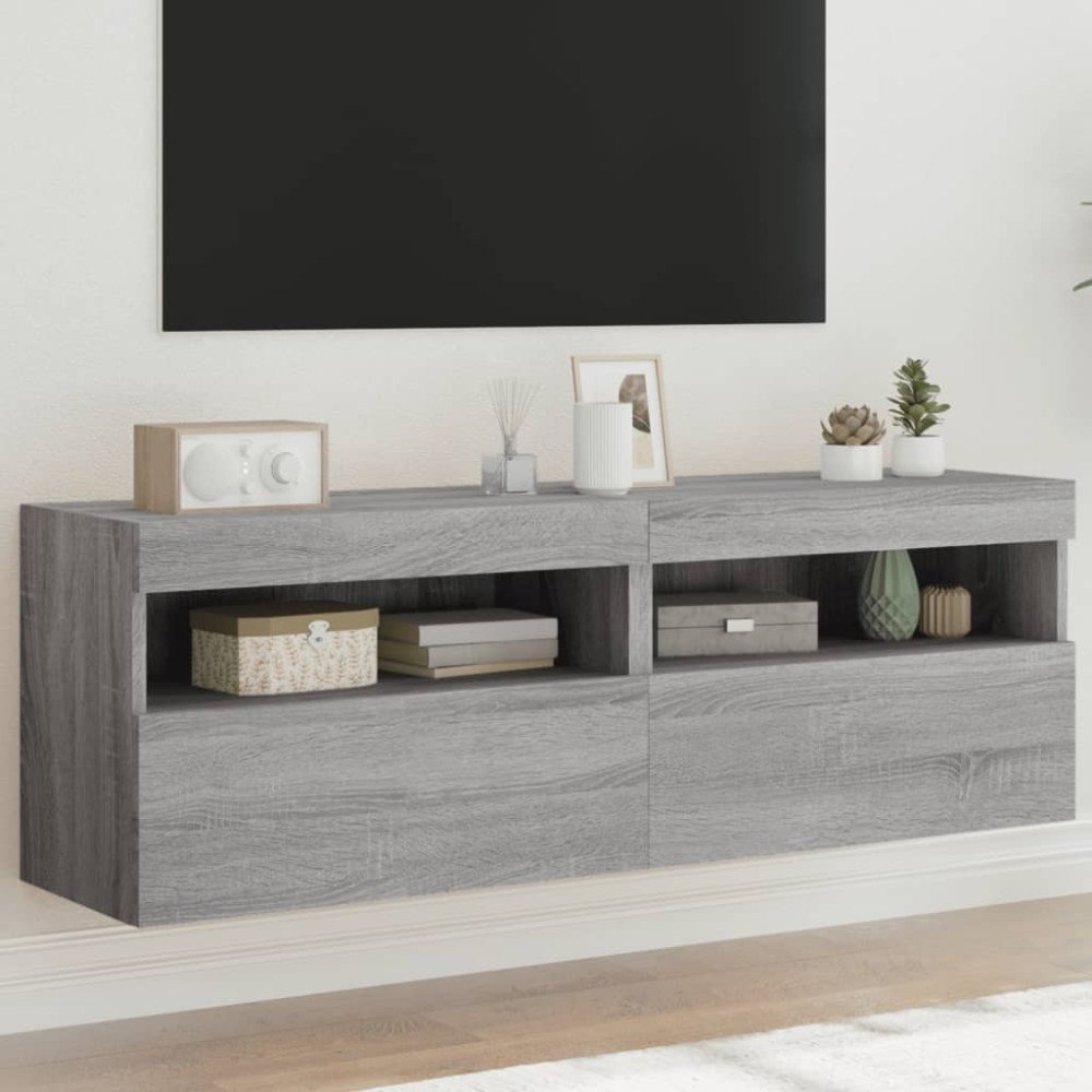 vidaXL Väggmonterad tv-bänk LED 2 st grå sonoma 60x30x40 cm