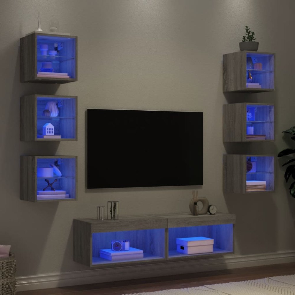 vidaXL Tv-bänk 8 delar LED grå sonoma konstruerat trä