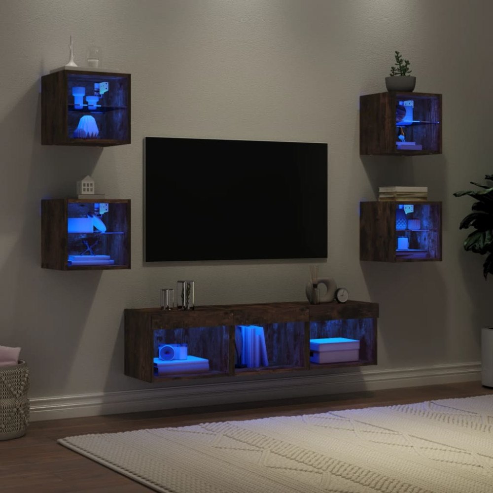 vidaXL Tv-bänk 7 delar LED rökfärgad ek konstruerat trä