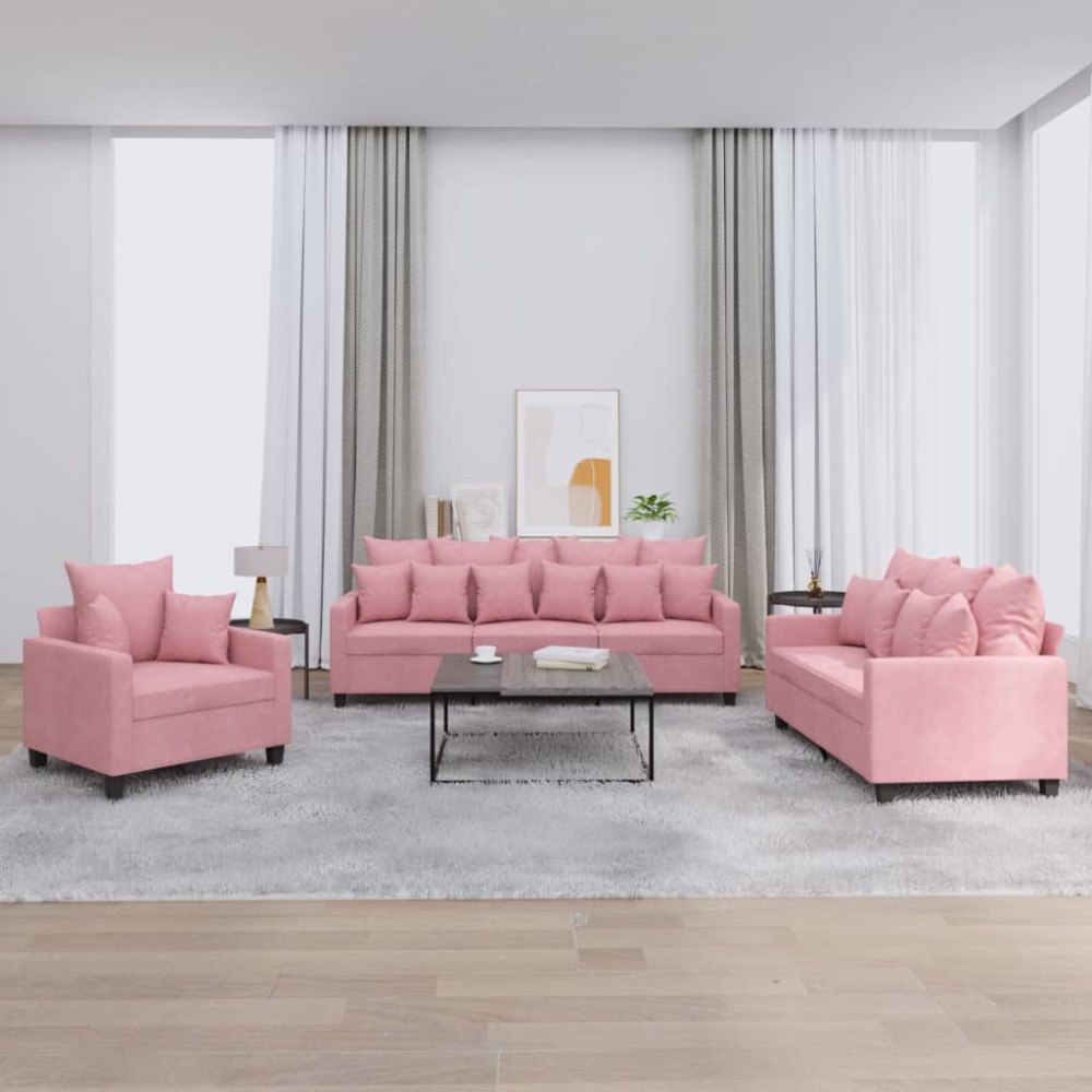 vidaXL Soffgrupp med dynor 3 delar rosa sammet
