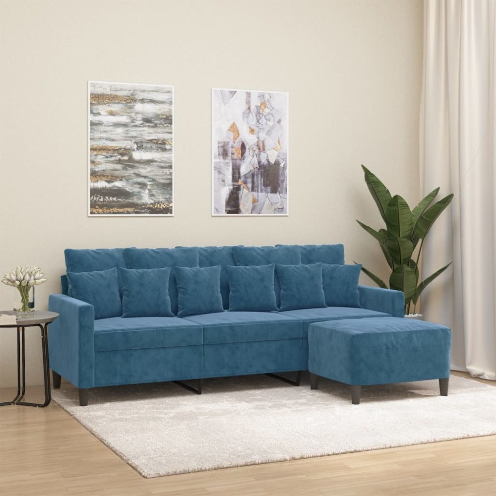 vidaXL 3-sitssoffa med fotpall blå 180 cm sammet