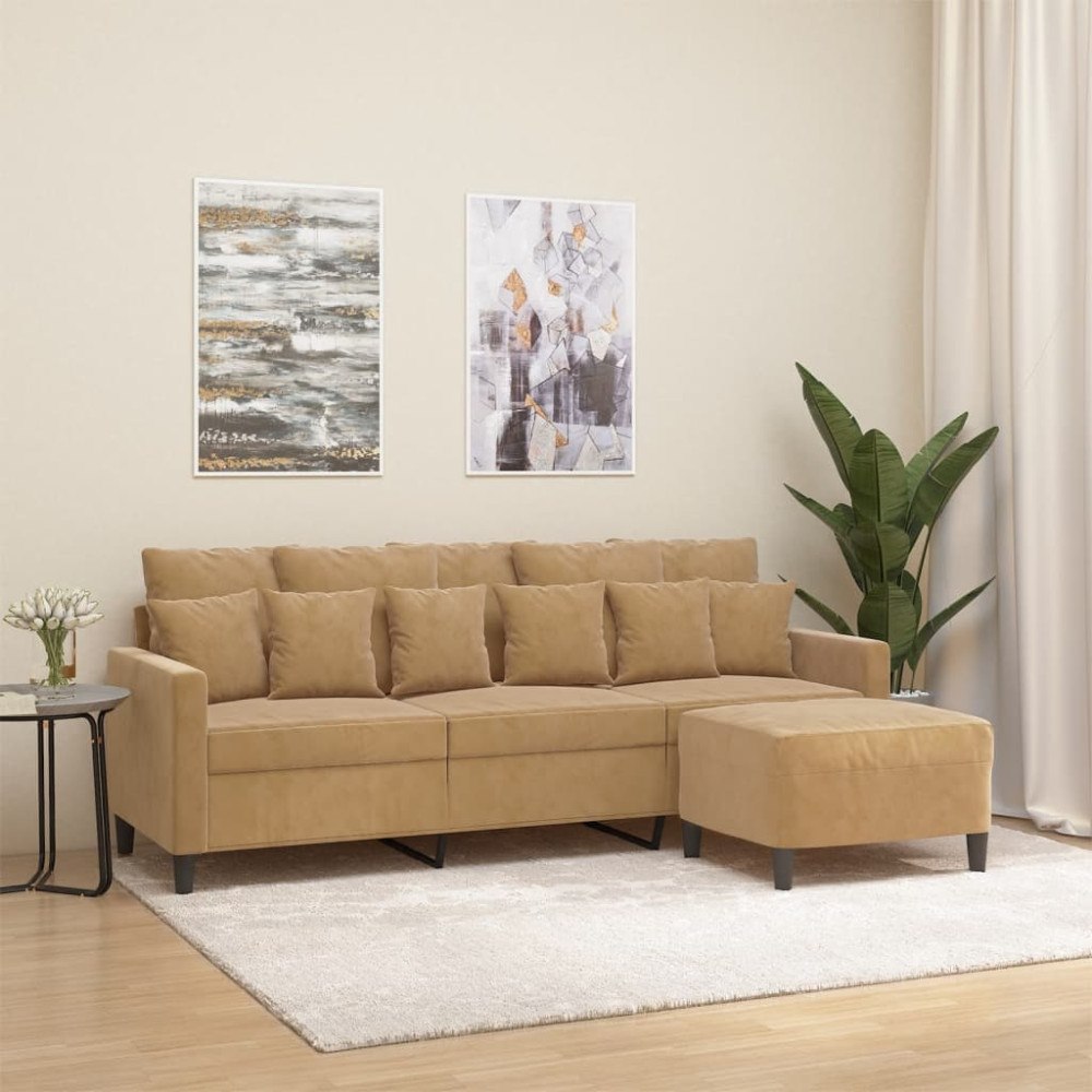 vidaXL 3-sitssoffa med fotpall brun 180 cm sammet