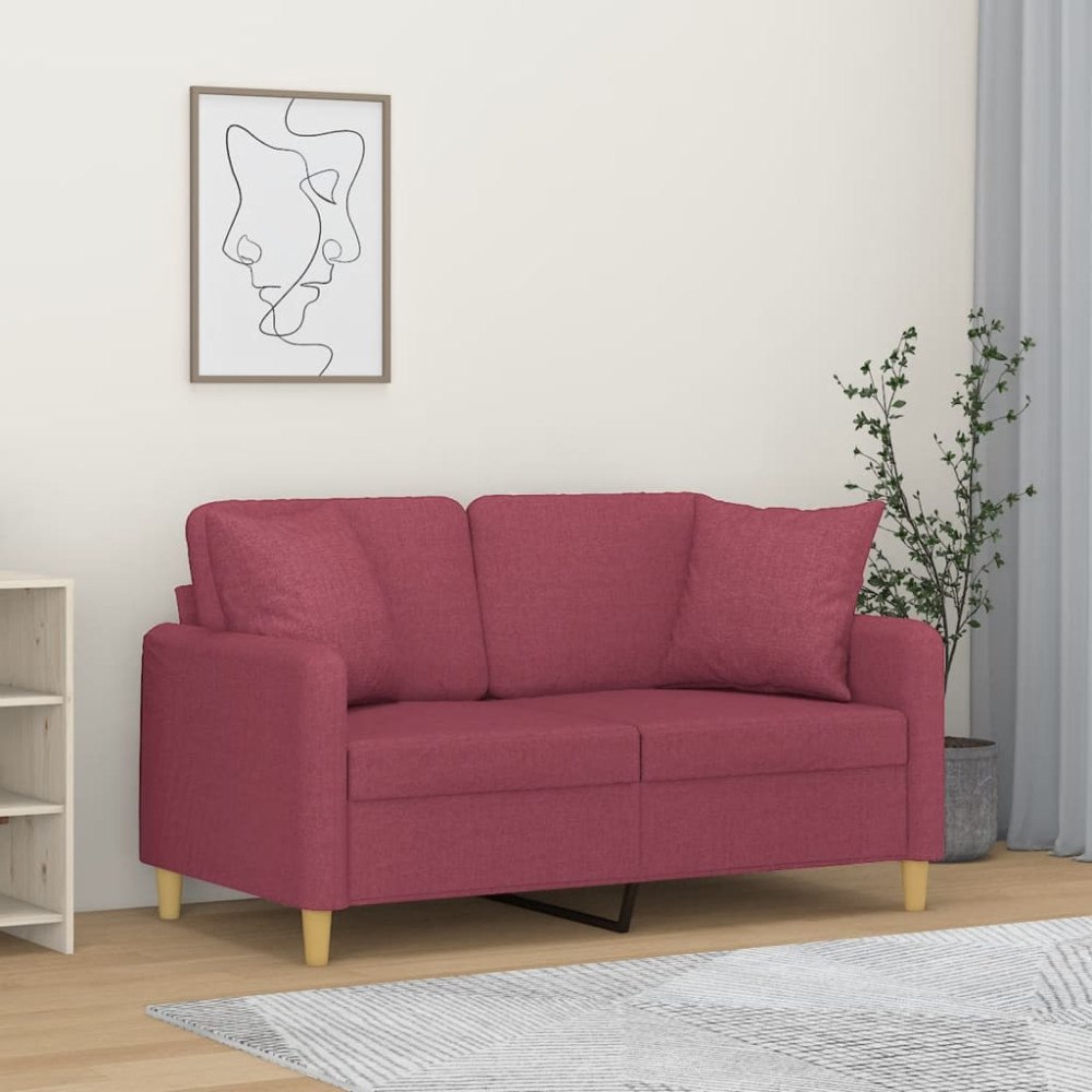 vidaXL 2-sits soffa med prydnadskuddar vinröd 120 cm tyg