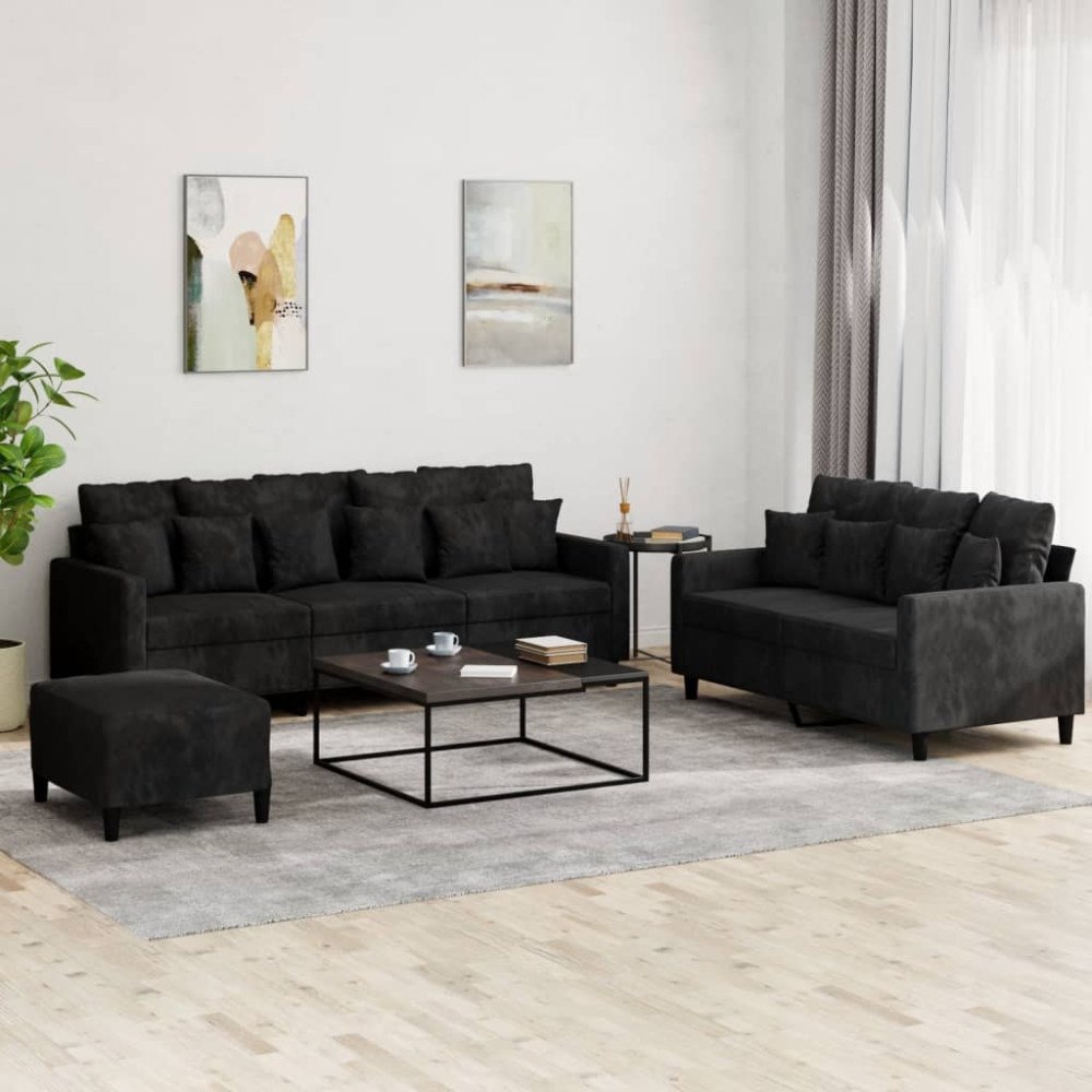 vidaXL Soffgrupp med dynor 3 delar svart sammet
