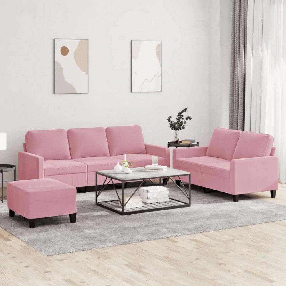 vidaXL Soffgrupp med dynor 3 delar rosa sammet