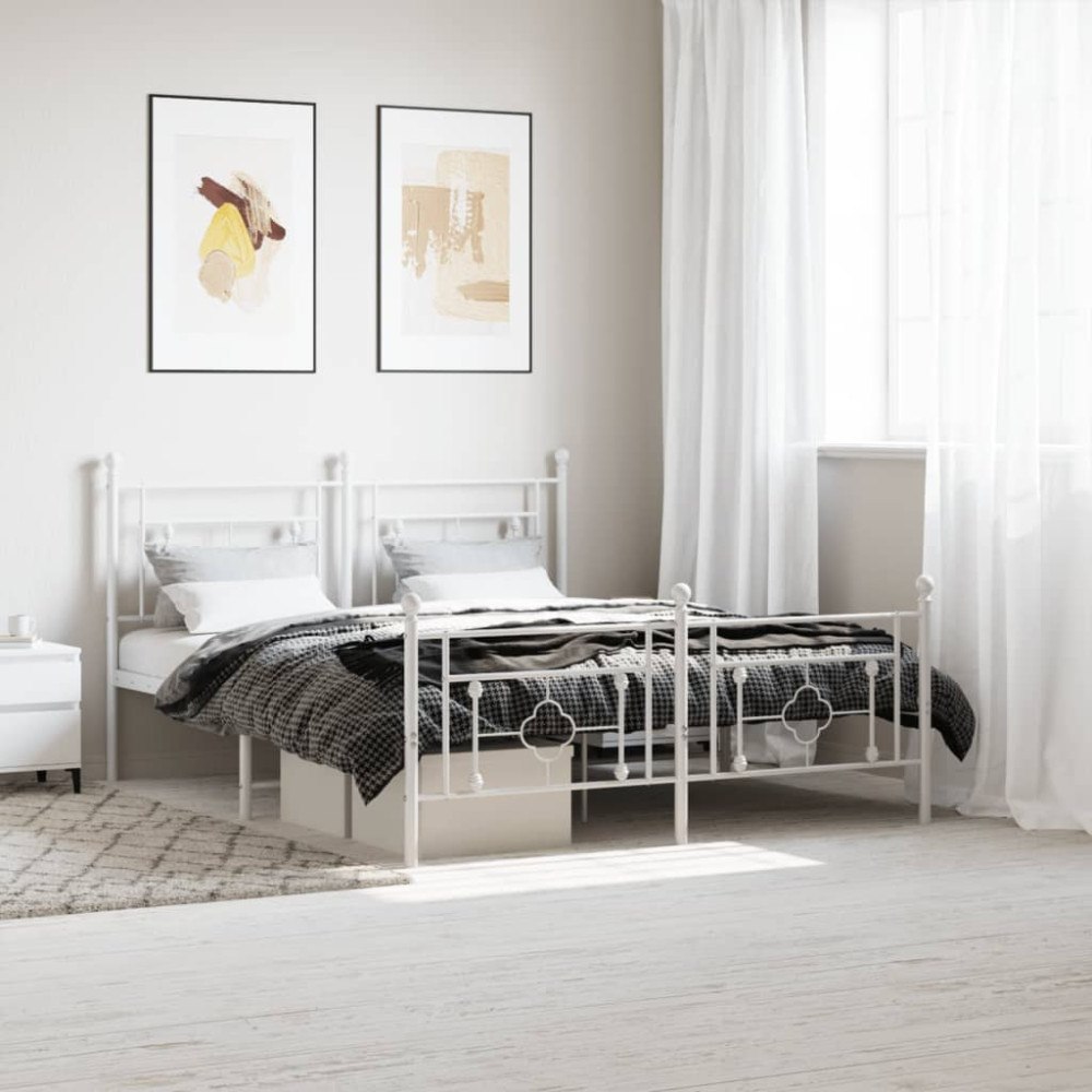 vidaXL Sängram med huvudgavel och fotgavel vit metall 150x200 cm