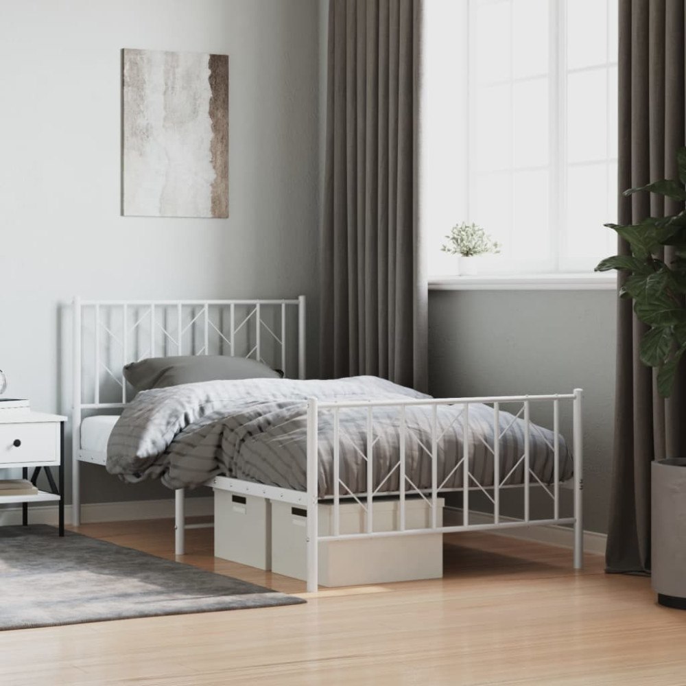 vidaXL Sängram med huvudgavel och fotgavel vit metall 100x200 cm
