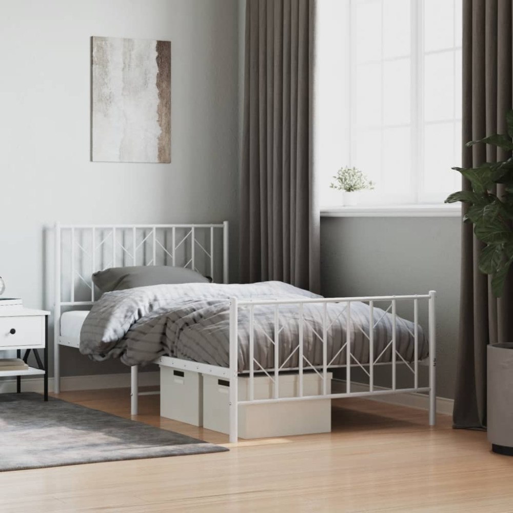 vidaXL Sängram med huvudgavel och fotgavel vit metall 100x190 cm