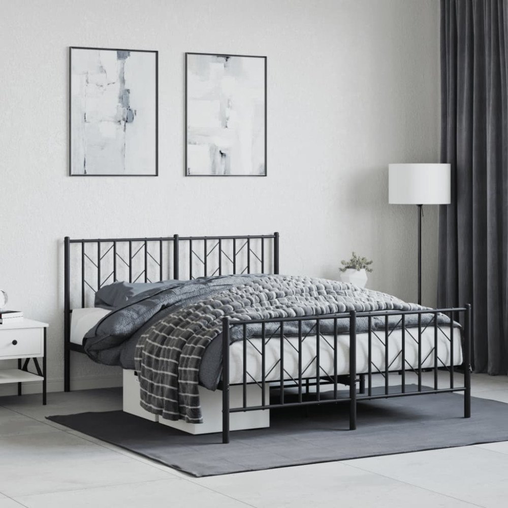 vidaXL Sängram med huvudgavel och fotgavel svart metall 135x190 cm