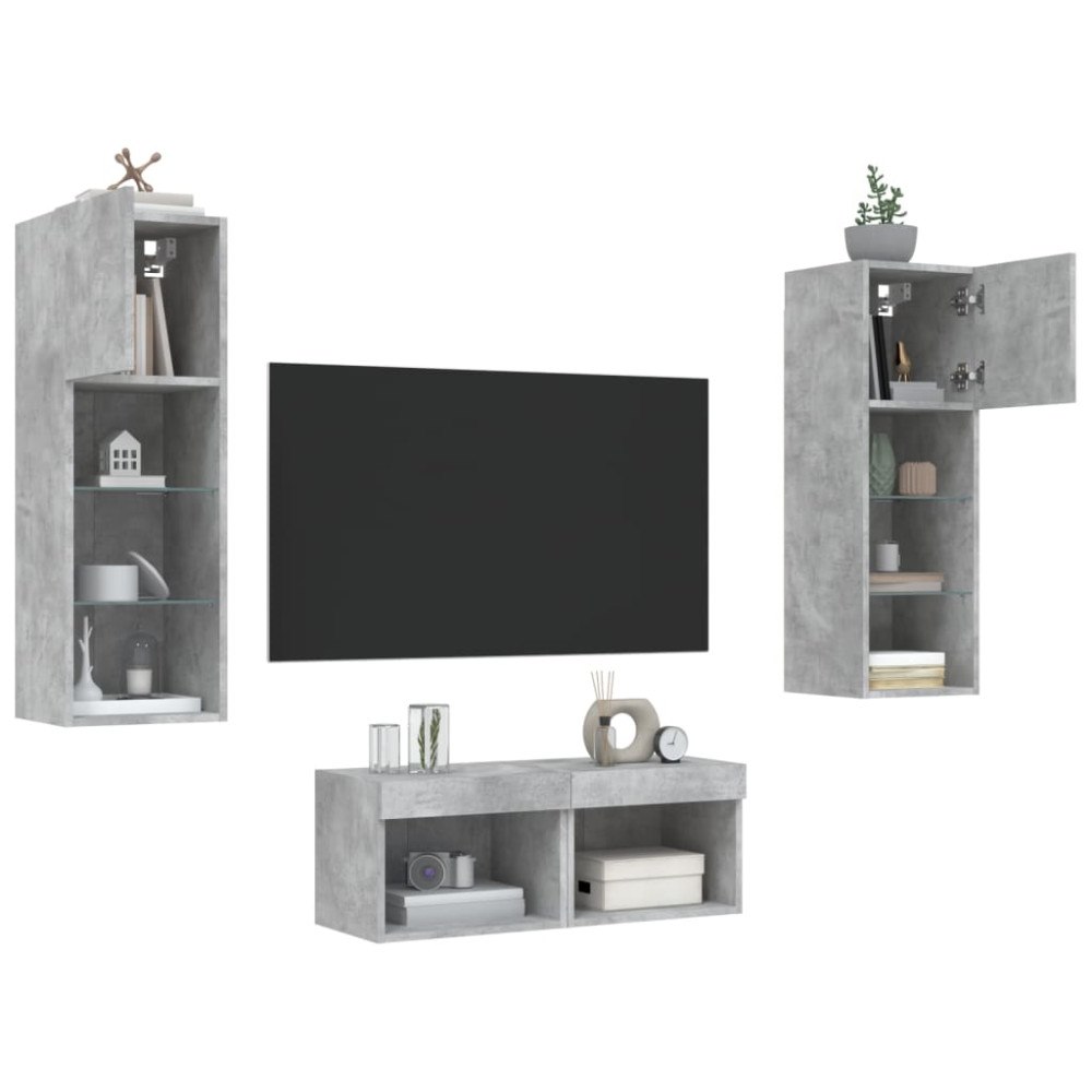 vidaXL Väggmonterade TV-skåp 4 delar LEDs betonggrå