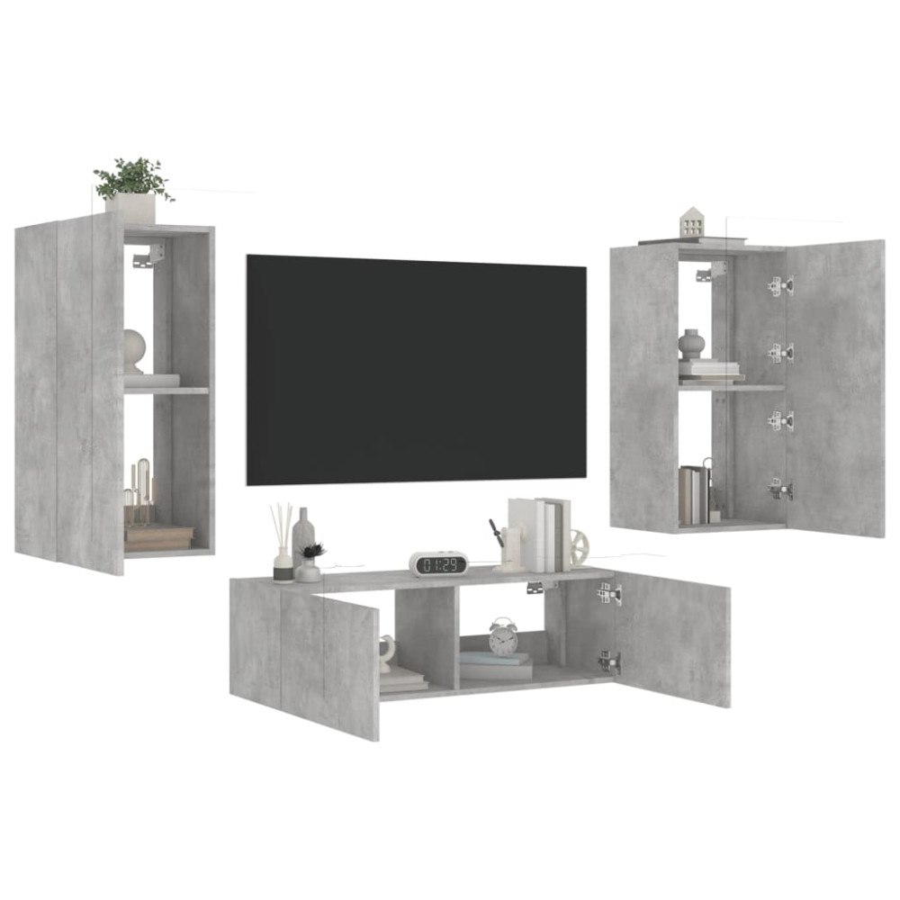 vidaXL Väggmonterade TV-skåp 3 delar LEDs betonggrå