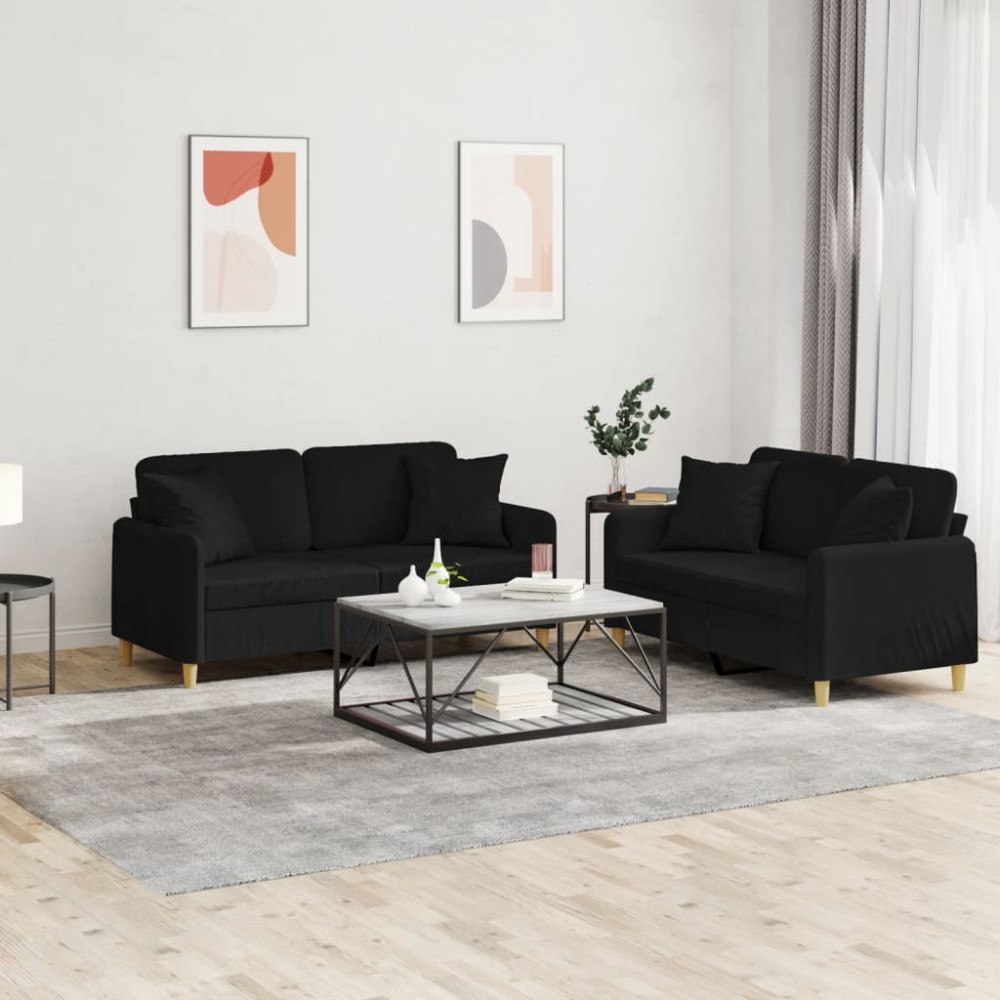 vidaXL Soffgrupp med kuddar 2 delar svart tyg