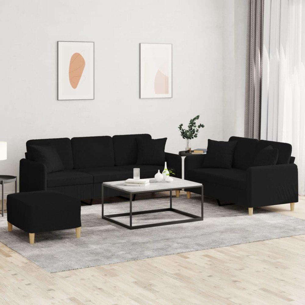 vidaXL Soffgrupp med kuddar 3 delar svart tyg