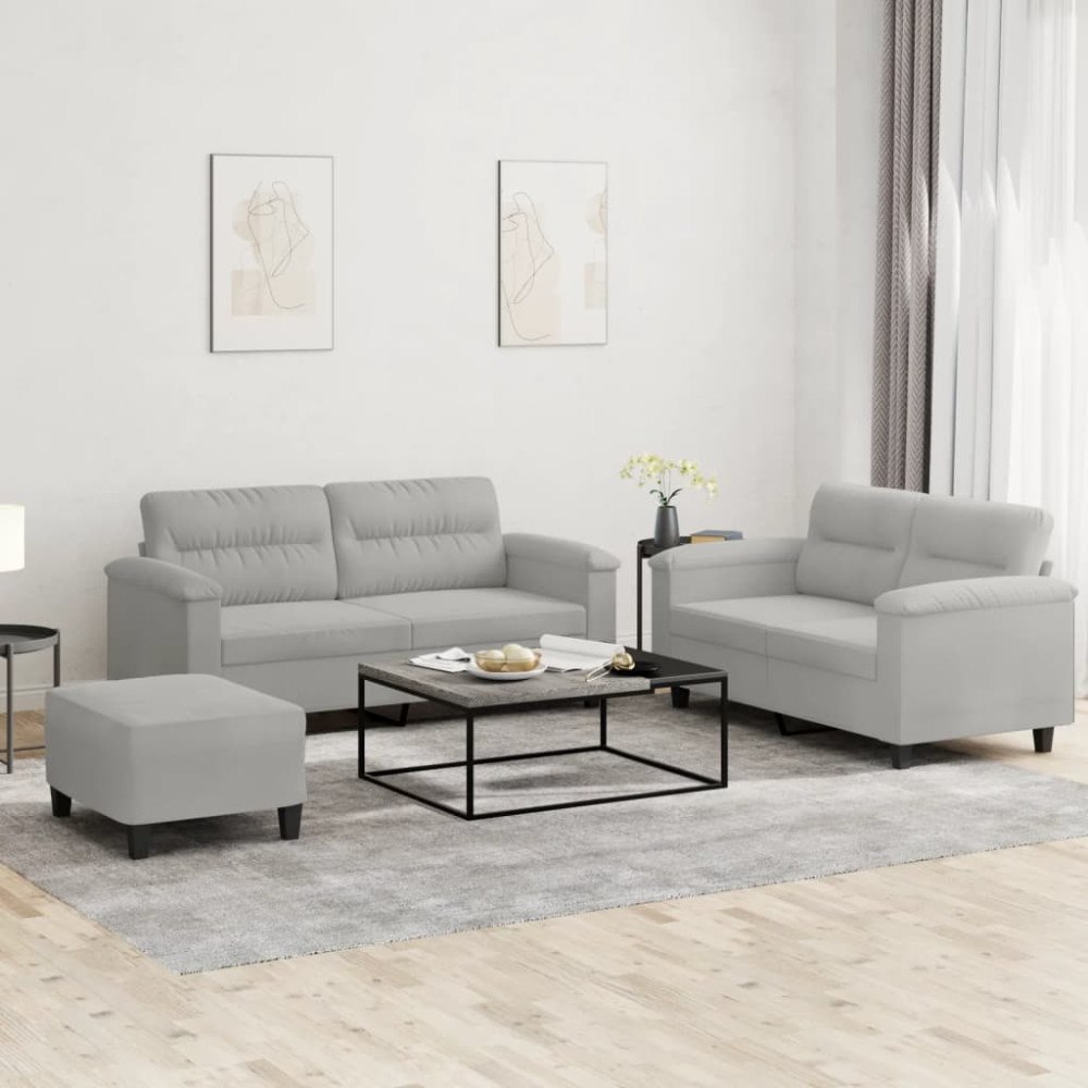 vidaXL Soffgrupp med kuddar 3 delar ljusgrå mikrofibertyg
