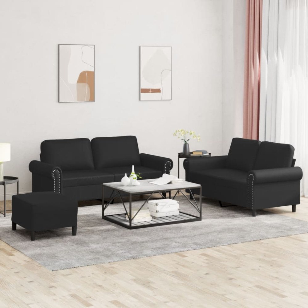 vidaXL Soffgrupp med dynor 3 delar svart konstläder