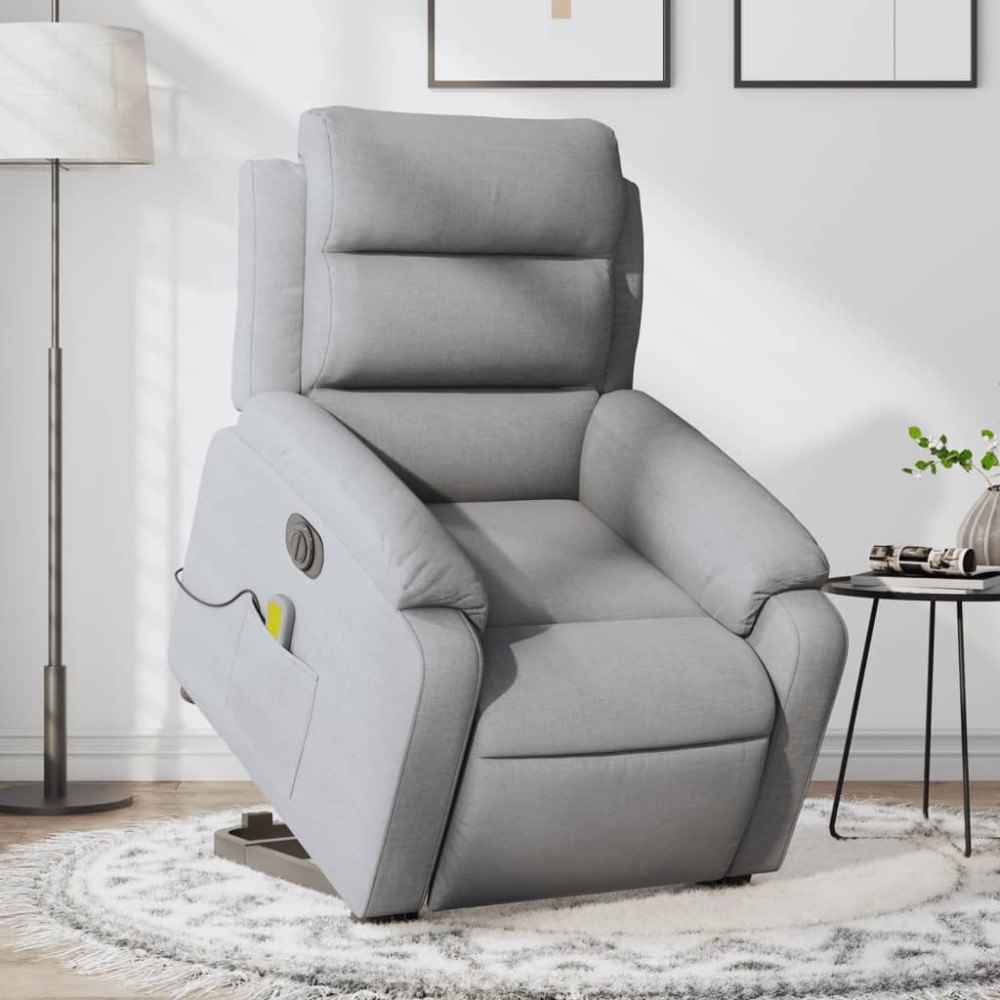 vidaXL Elektrisk massagefåtölj med uppresningshjälp ljusgrå tyg