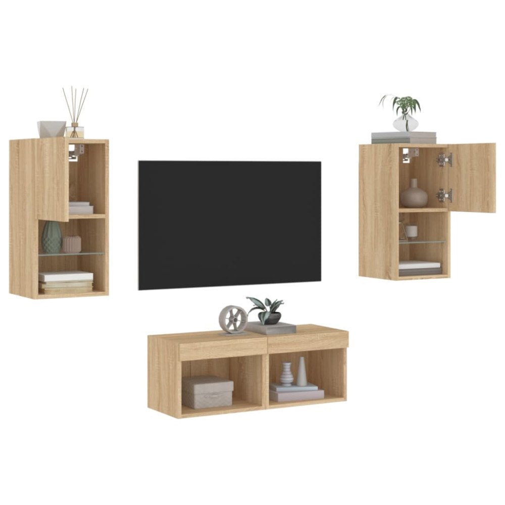 vidaXL Väggmonterade TV-skåp 4 delar med LEDs sonoma-ek