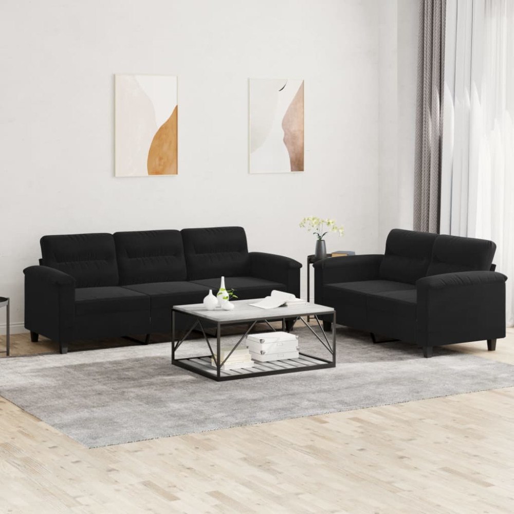 vidaXL Soffgrupp med kuddar 2 delar svart mikrofibertyg