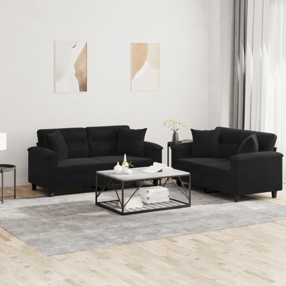 vidaXL Soffgrupp med kuddar 2 delar svart mikrofibertyg