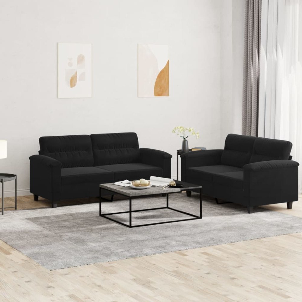 vidaXL Soffgrupp med kuddar 2 delar svart mikrofibertyg