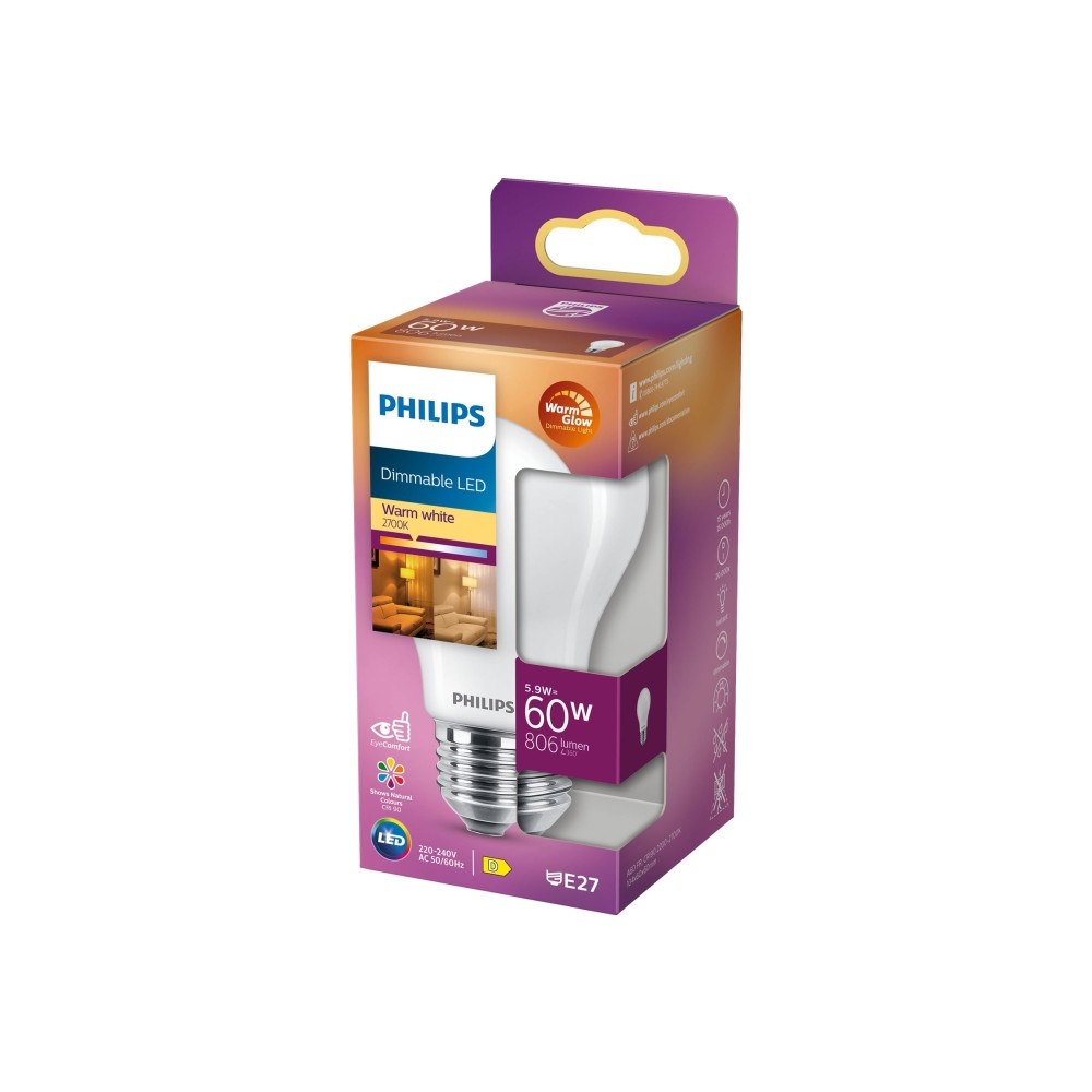 Philips Philips - LED-glödlampa - form: A60 - glaserad finish - E27 - 5.9 W - varmt vitt ljus - 2700 K - matt
