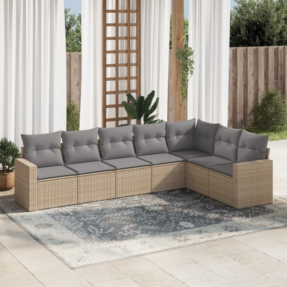 vidaXL Matgrupp för trädgården med dynor 7 delar beige konstrotting