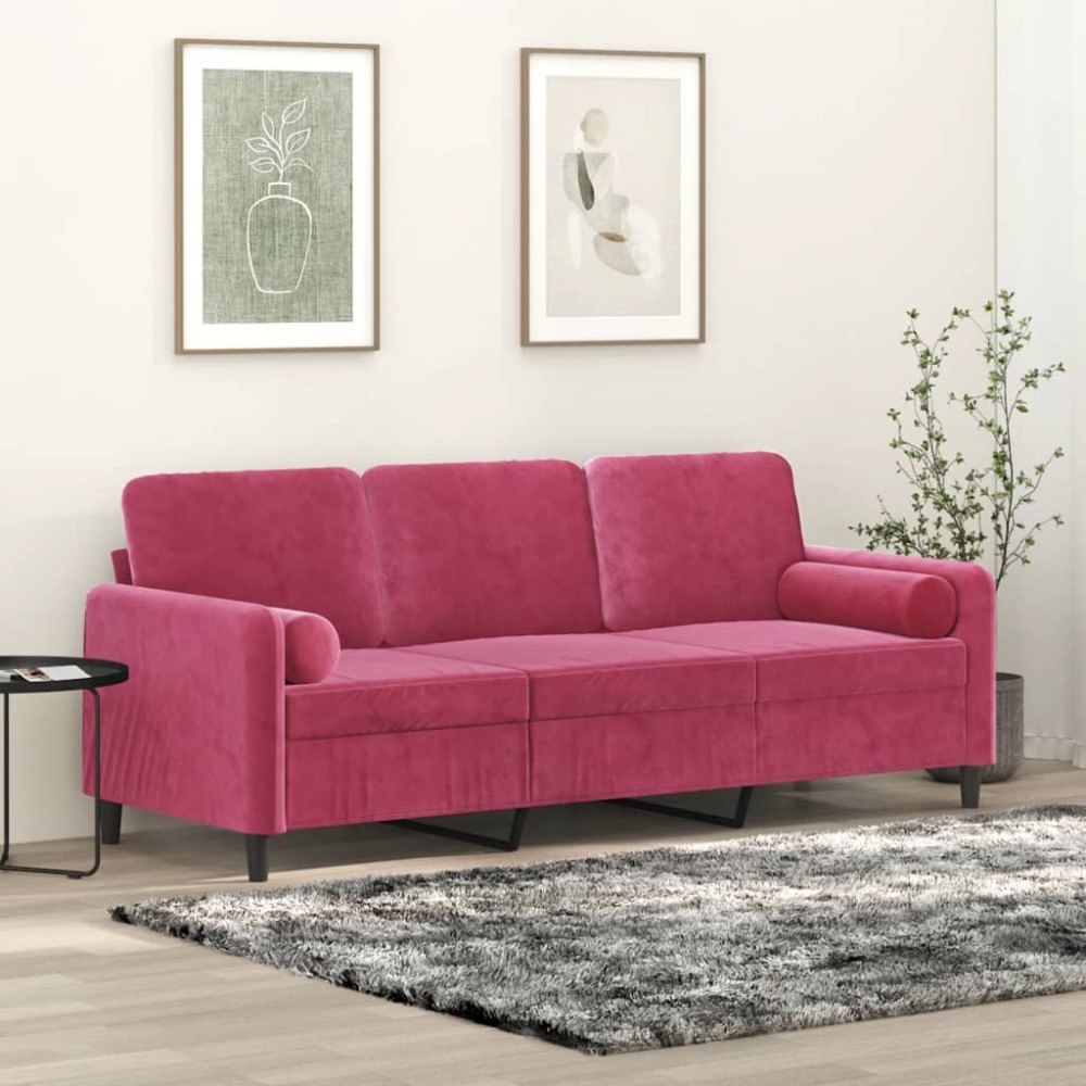 vidaXL 3-sitssoffa med prydnadskuddar vinröd 180 cm sammet