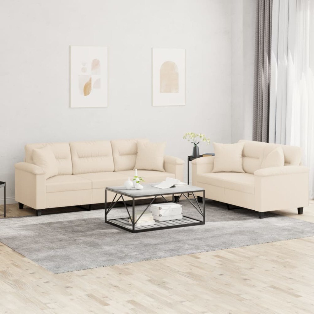 vidaXL Soffgrupp med kuddar 2 delar Beige mikrofibertyg