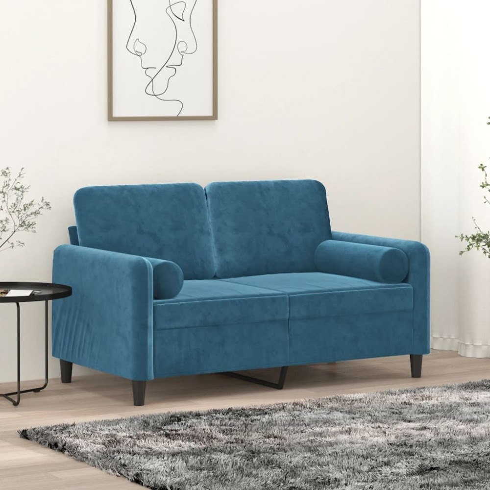 vidaXL 2-sitssoffa med prydnadskuddar blå 120 cm sammet
