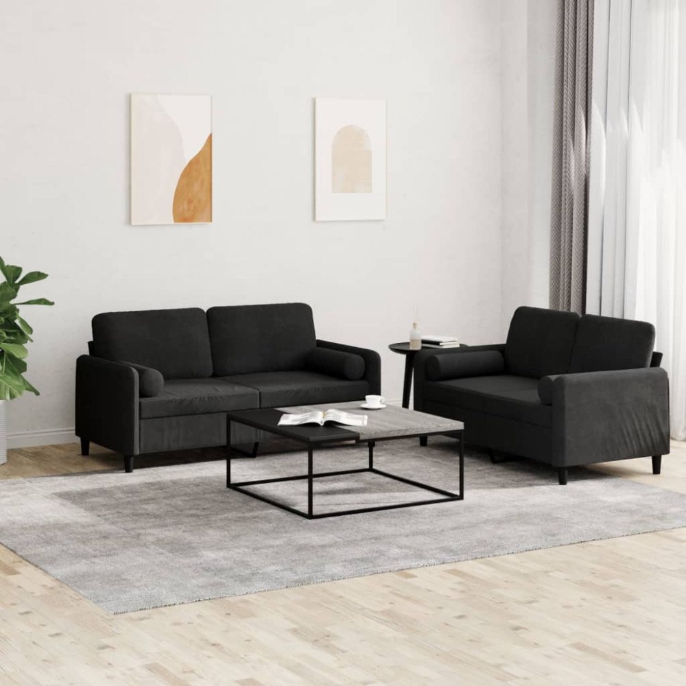 vidaXL Soffgrupp med kuddar 2 delar svart sammet