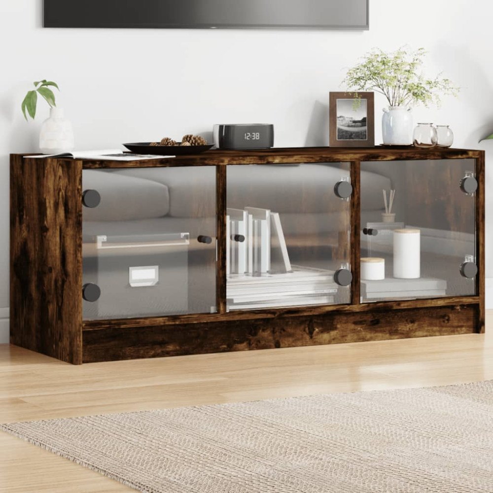vidaXL Tv-bänk med glasdörrar rökfärgad ek 102x37x42 cm