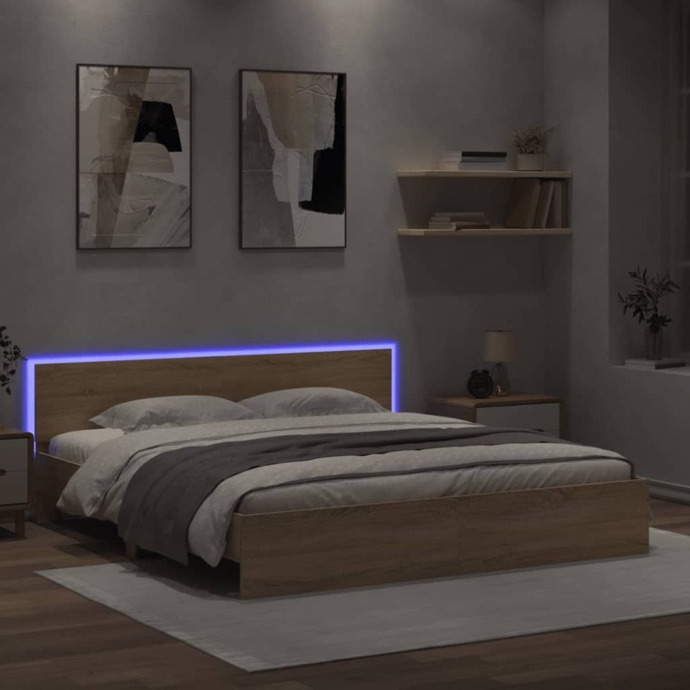 vidaXL Sängram med huvudgavel och LED sonoma-ek 180x200 cm