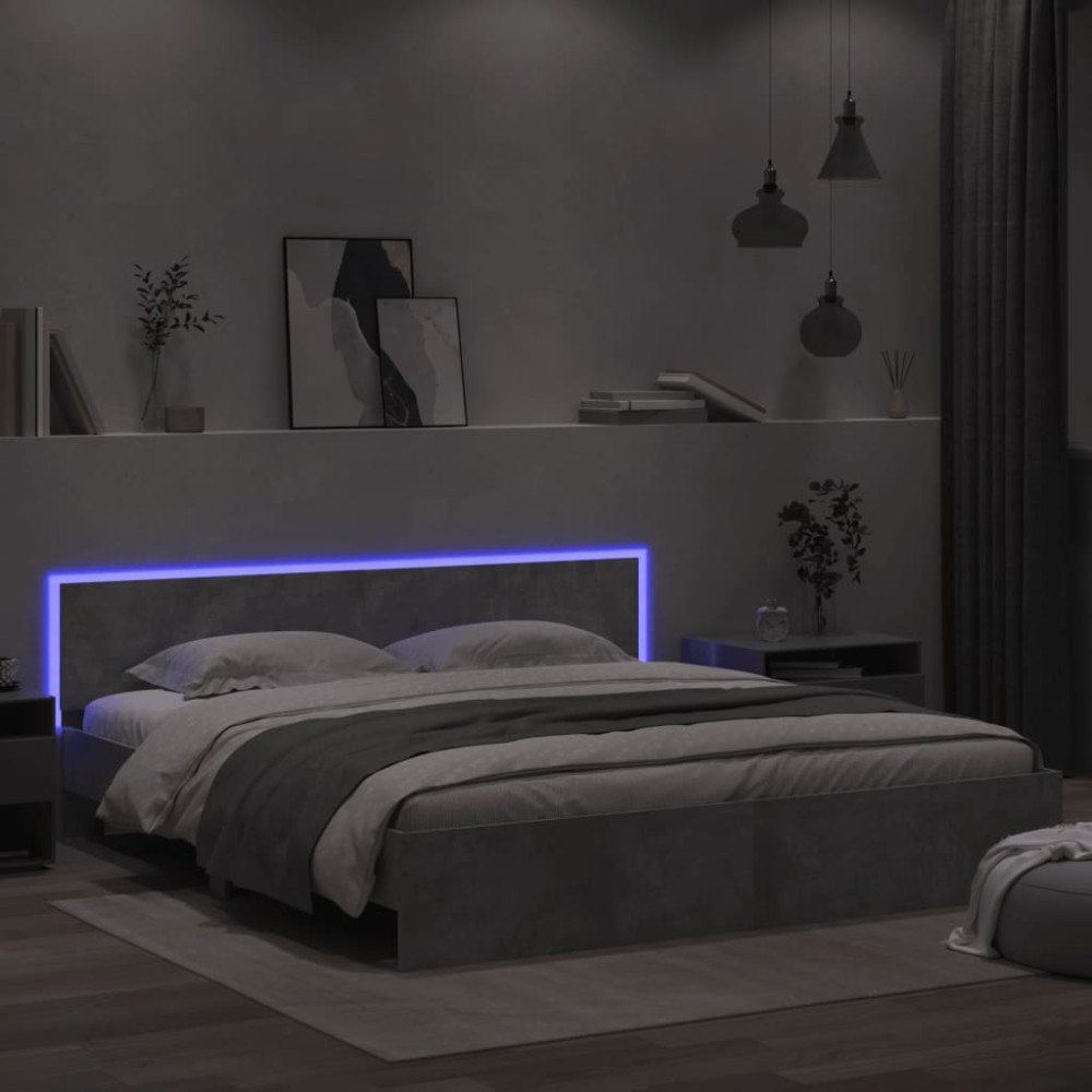vidaXL Sängram med huvudgavel och LED betonggrå 180x200 cm