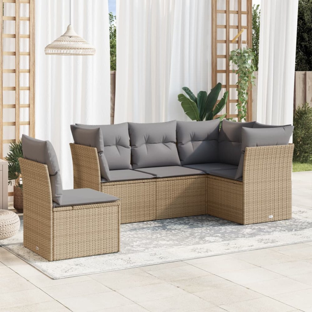 vidaXL Soffgrupp för trädgården med dynor 5 delar beige konstrotting