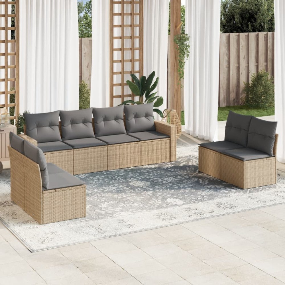 vidaXL Matgrupp för trädgården med dynor 8 delar beige konstrotting