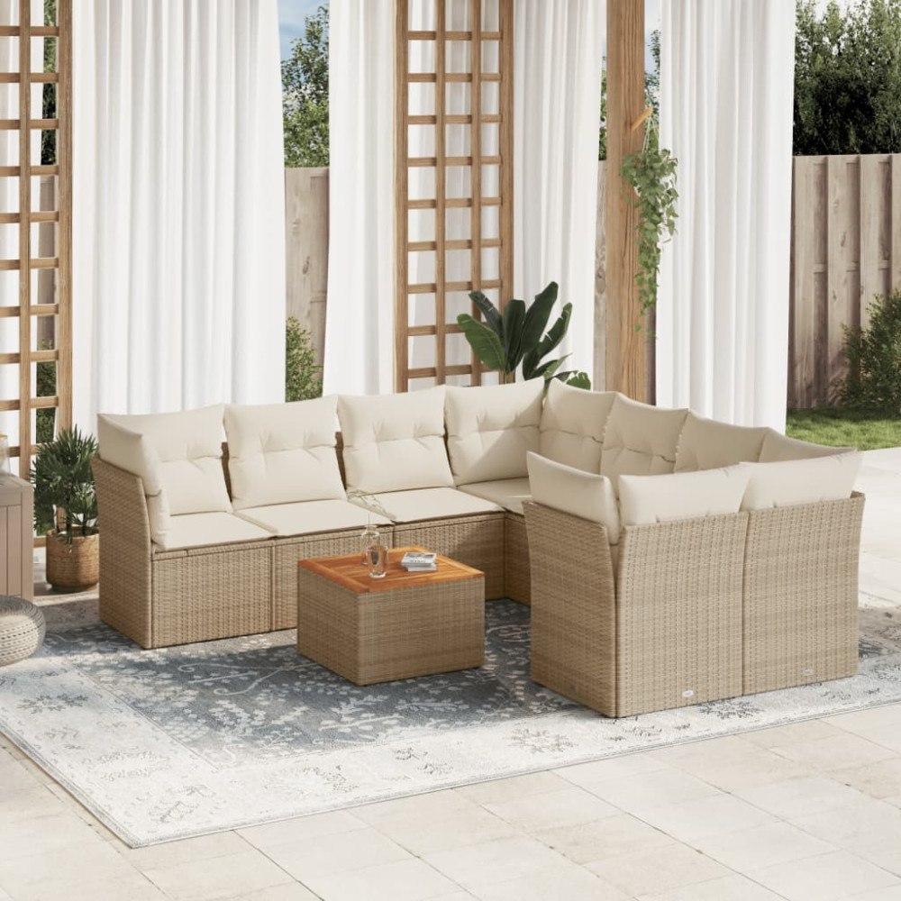 vidaXL Soffgrupp för trädgården med dynor 9 delar beige konstrotting