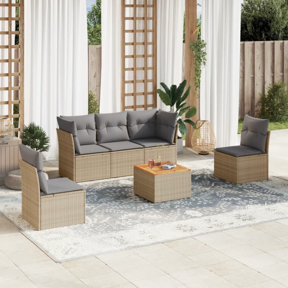 vidaXL Soffgrupp för trädgården med dynor 6 delar beige konstrotting