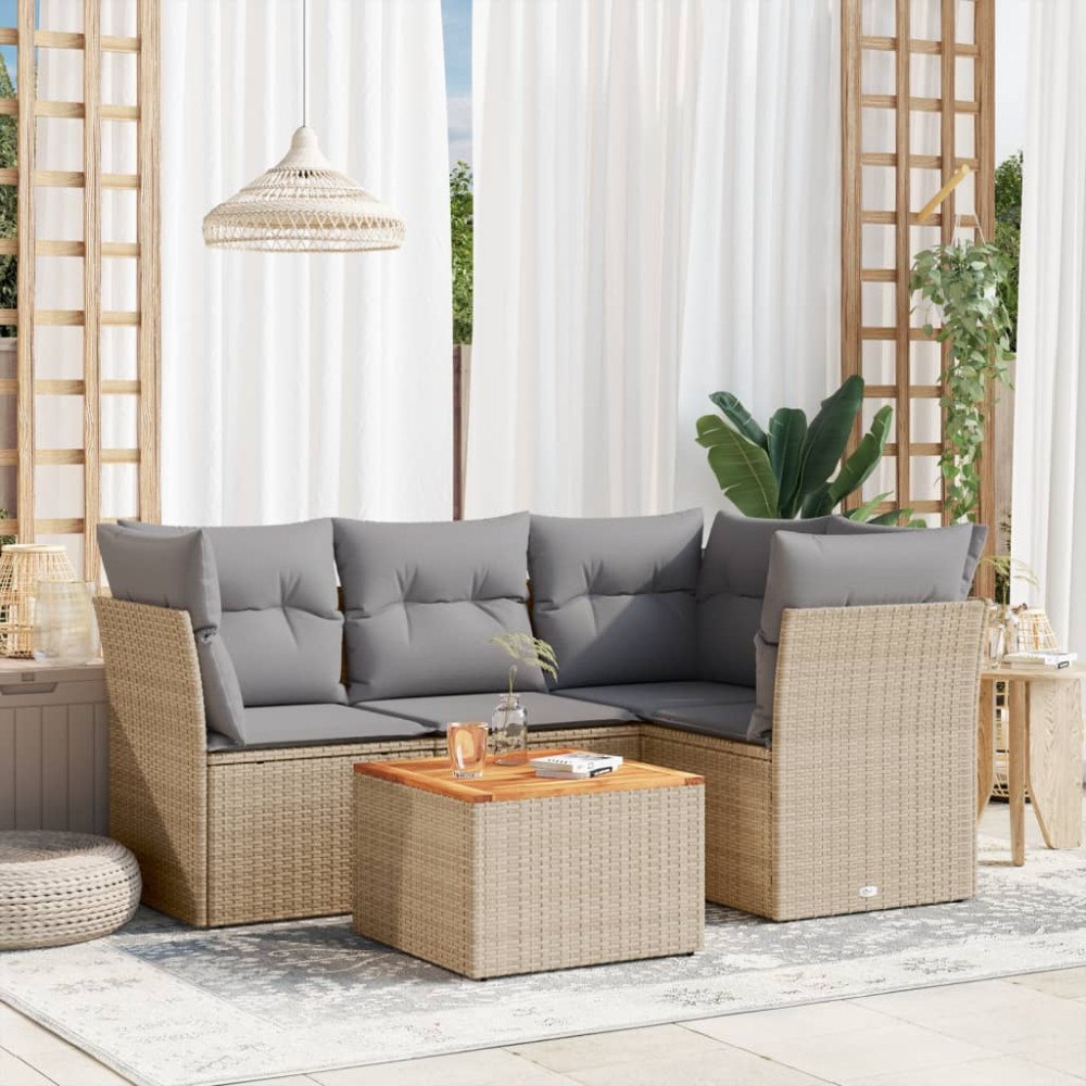 vidaXL Soffgrupp för trädgården med dynor 5 delar beige konstrotting