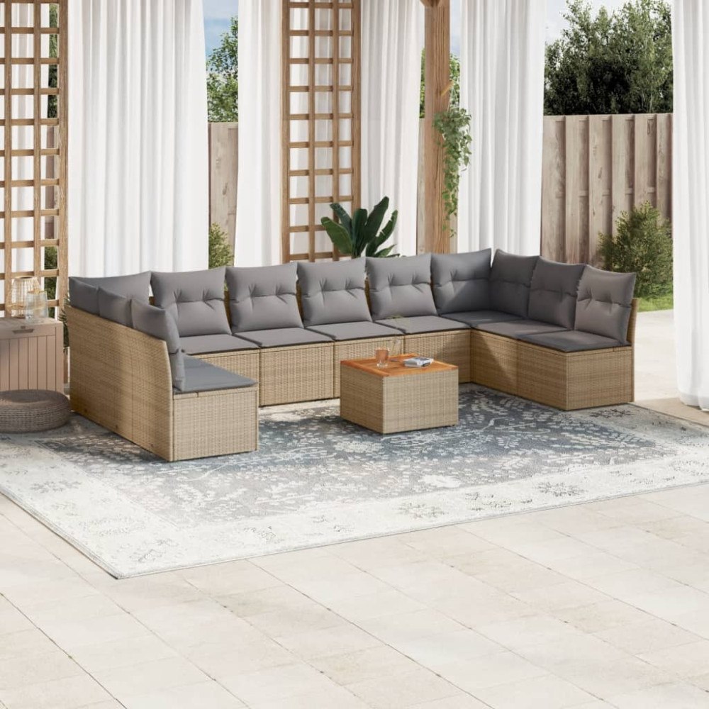 vidaXL Loungegrupp för trädgården m. dynor 11 delar beige konstrotting