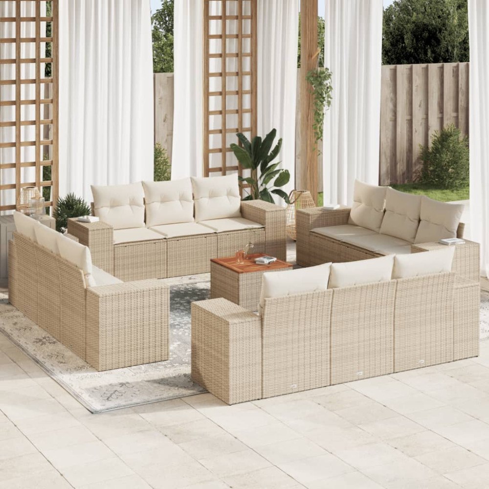 vidaXL Soffgrupp för trädgården med dynor 13 delar beige konstrotting
