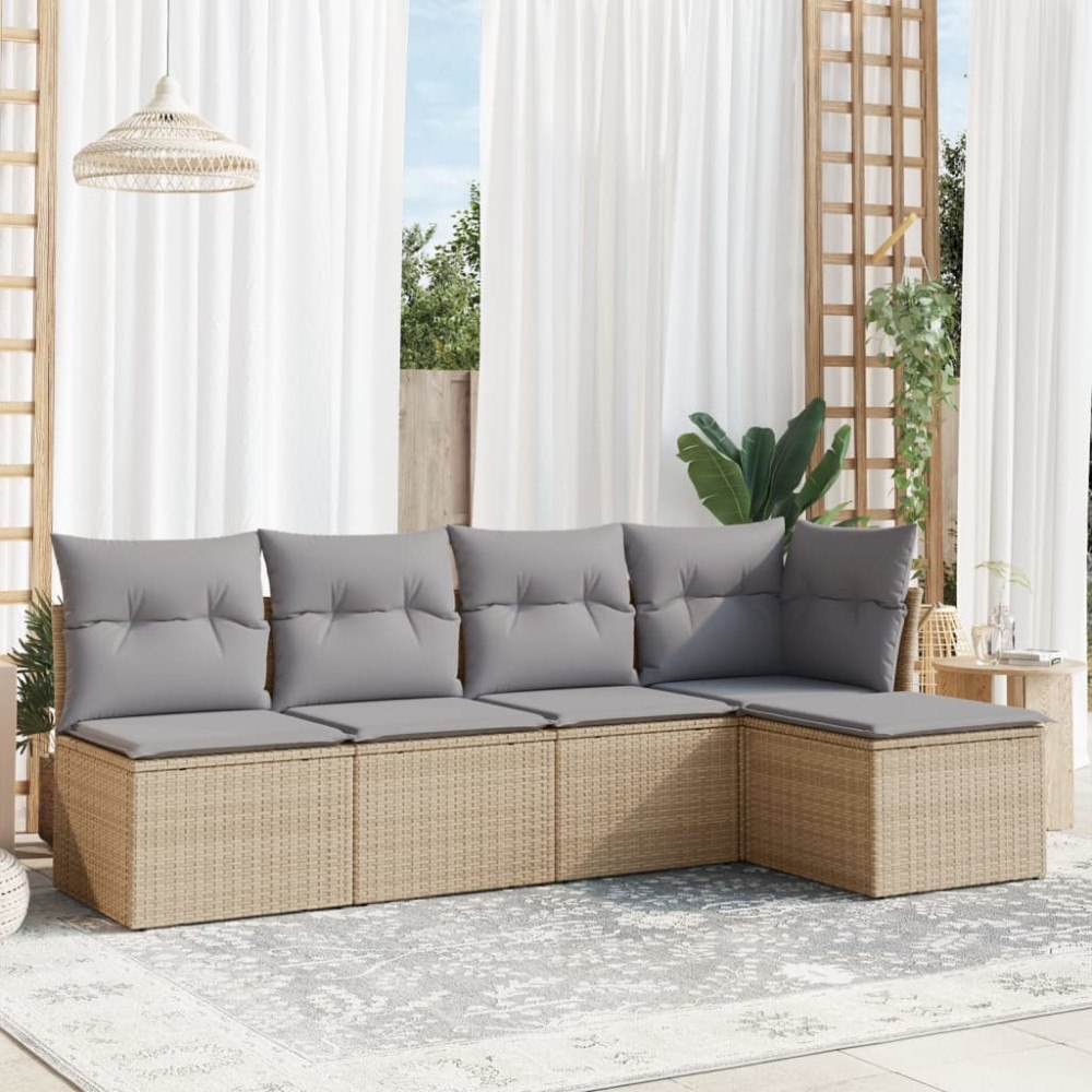 vidaXL Soffgrupp för trädgården med dynor 5 delar beige konstrotting
