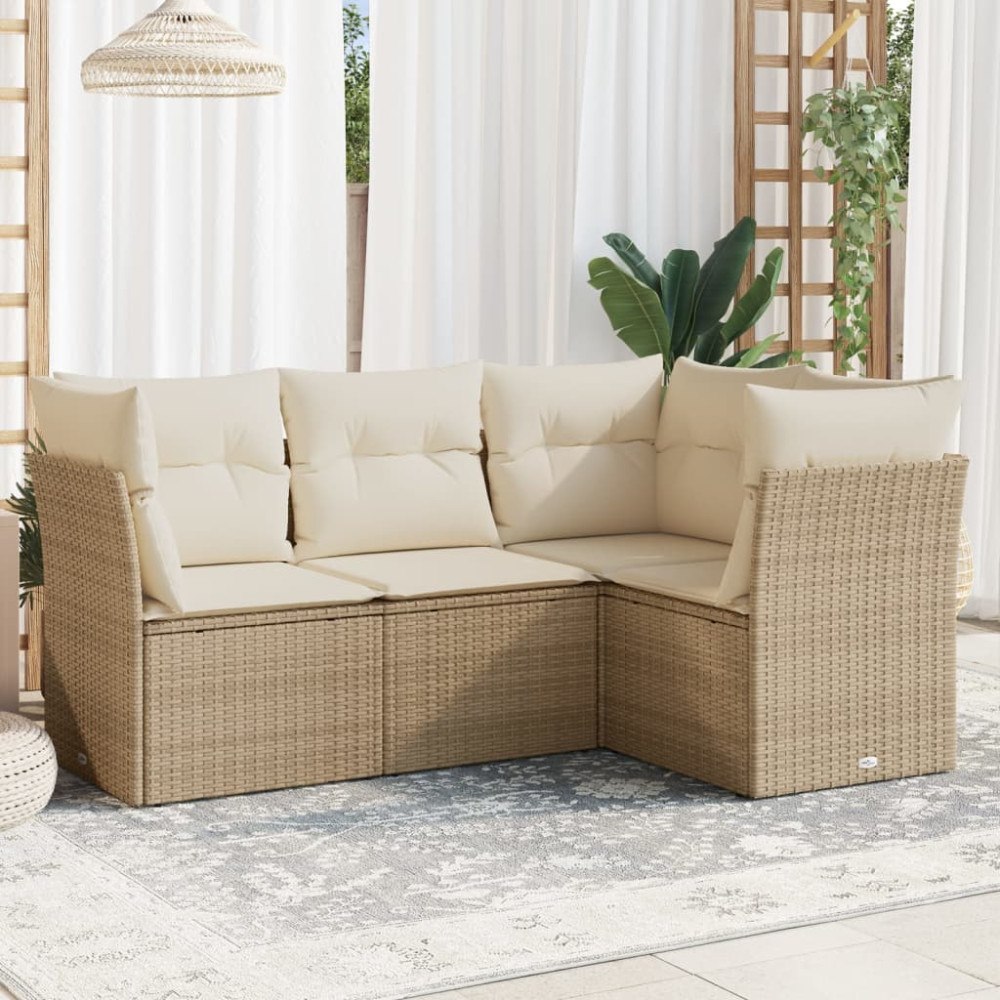 vidaXL Soffgrupp för trädgård med dynor 4 delar beige konstrotting