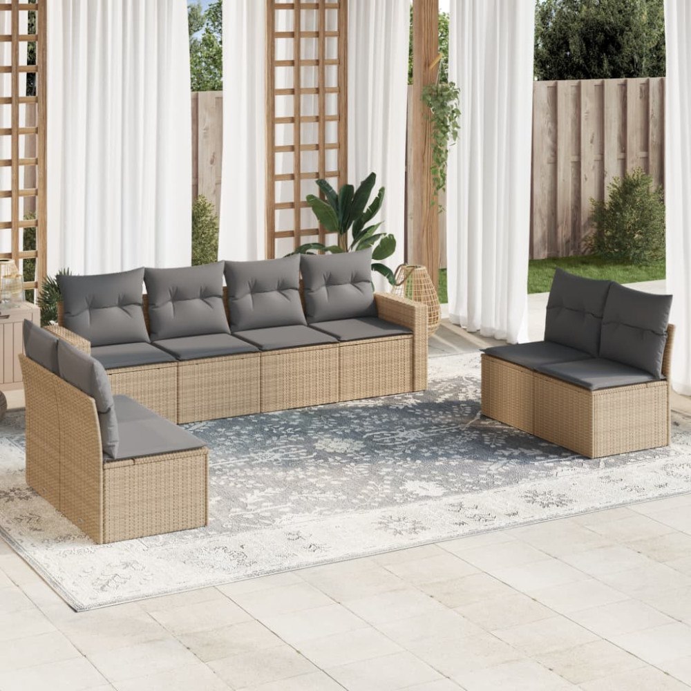vidaXL Soffgrupp för trädgården med dynor 9 delar beige konstrotting