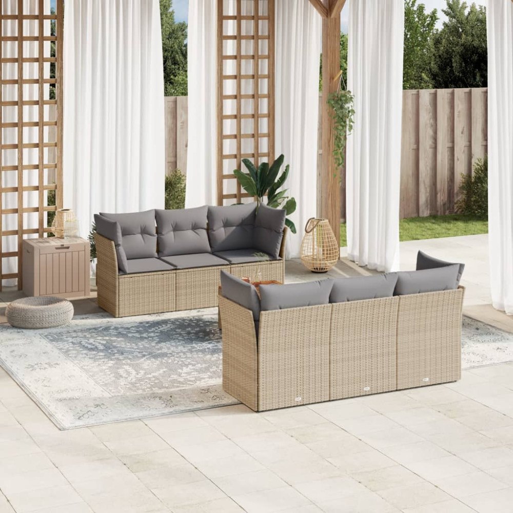 vidaXL Matgrupp för trädgården med dynor 7 delar beige konstrotting