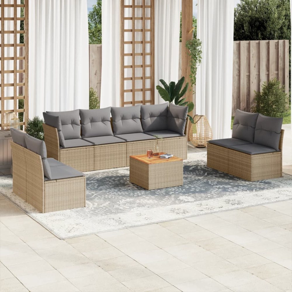 vidaXL Soffgrupp för trädgården med dynor 9 delar beige konstrotting