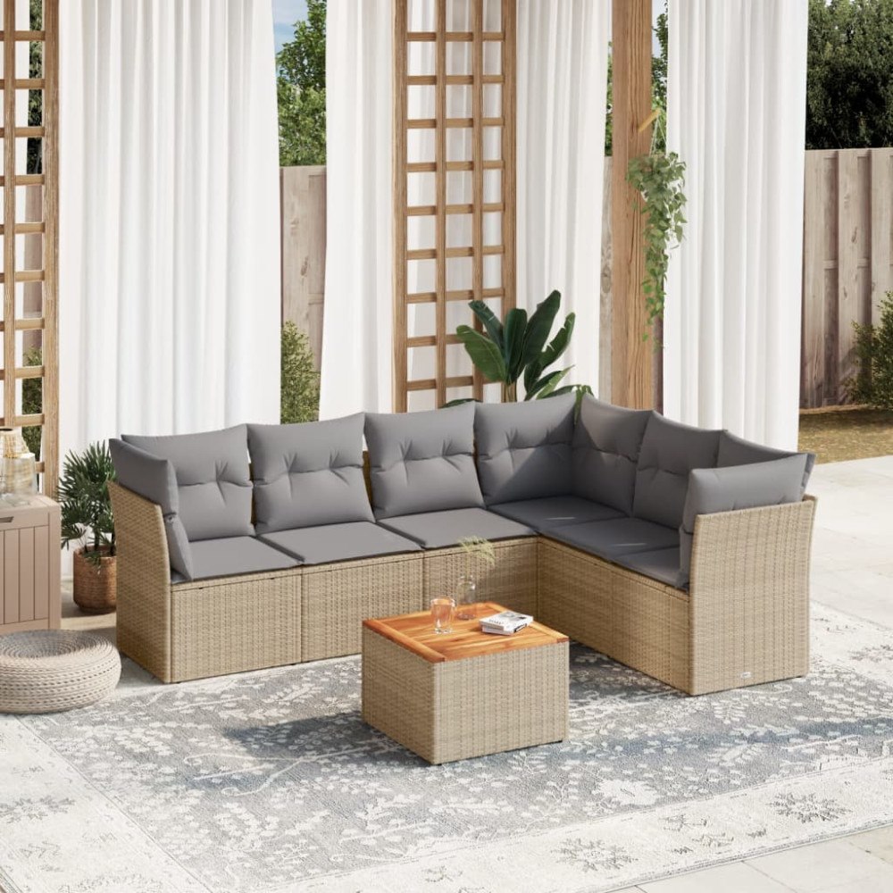 vidaXL Matgrupp för trädgården med dynor 7 delar beige konstrotting