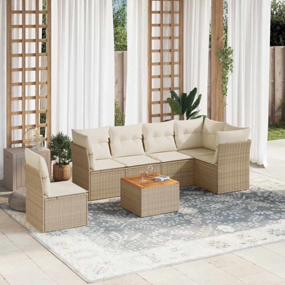 vidaXL Matgrupp för trädgården med dynor 7 delar beige konstrotting