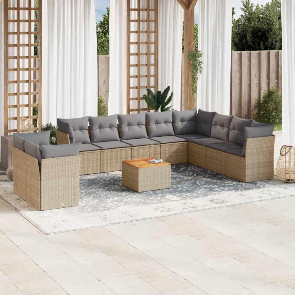 vidaXL Loungegrupp för trädgården m. dynor 11 delar beige konstrotting